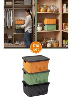 Flora 3'lü Kapaklı Dolap Içi Düzenleyici Sepet Seti, Banyo Mutfak Buzdolabı Oyuncak Kutusu 3x7 Litre