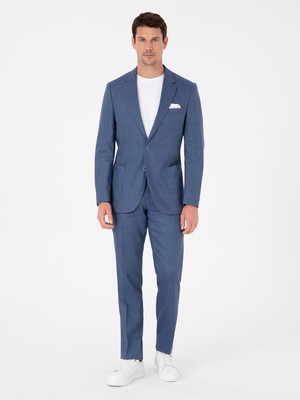 Cacharel Erkek İndigo Slim Fit Keten Yün Karışımlı Mikro Desen Mono Yaka Takım Elbise 50325513-VR028