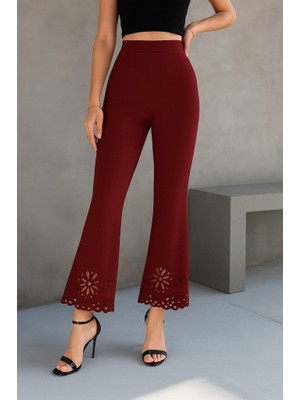 Livizmir Moda Kadın Yüksek Bel Paçaya Doğru Genişleyen Lazer Çiçek Kesim Detaylı Ithal Krep Pantolon