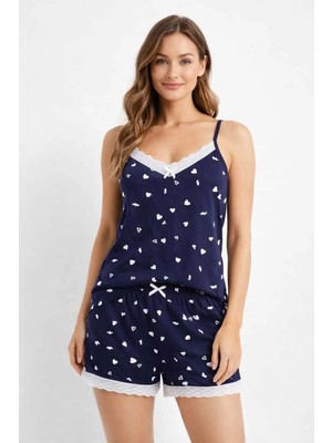 Tenra Kadın Lacivert Kalpli Ip Askılı Şortlu Pijama Takımı Dantel Detaylı