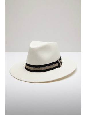 Erkek Çizgili Şerit Detaylı Yazlık Hasır Panama Şapka -Plaj ve Günlük Fötr