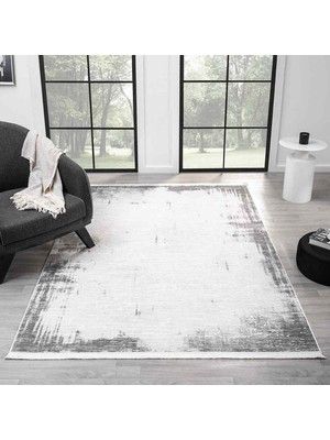 Pera Halı Beyaz Gri Eskitme Bordürlü Soyut Modern Halı - ND5120GV