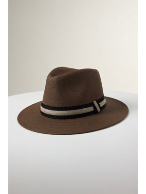 Erkek Çizgili Şerit Detaylı Yazlık Hasır Panama Şapka -Plaj ve Günlük Fötr