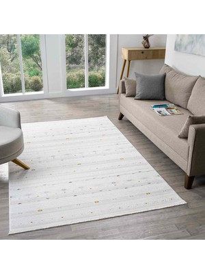 Pera Halı Beyaz Çok Renkli Etnik Şerit Desenli Modern Halı - ND15502MS