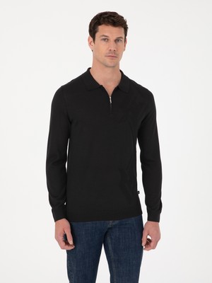 Cacharel Erkek Siyah Regular Fit Yün Karışımlı Fermuarlı Polo Yaka Triko Kazak 50311911-VR046