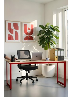 KODIGU 160X60 cm Mevi Çalışma Masası – Ayarlanabilir Metal Ayaklı Sonoma Meşe-Kırmızı Modern Ofis Masası