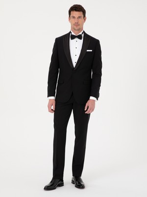 Cacharel Siyah Slim Fit Yün Karışımlı Kırlangıç Yaka Smokin Damatlık 50324561 VR046