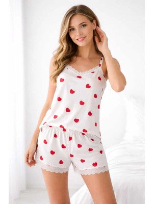 Tenra Kadın Beyaz Kalp Desenli Ip Askılı Şortlu Pijama Takımı Dantel Detaylı