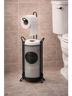 Paslanmaz Metal Fileli Ayaklı Premium Siyah Tuvalet Kağıdı Düzenleyici Standı, Yedekli Banyo Wc Askı