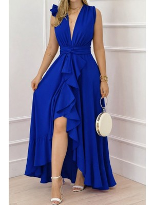 Livizmir Moda Kadın Askılı Kruvaze Yakalı Önü Volanlı Uzun Krep Elbise