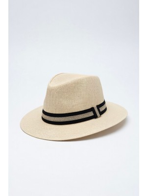 Erkek Çizgili Şerit Detaylı Yazlık Hasır Panama Şapka -Plaj ve Günlük Fötr