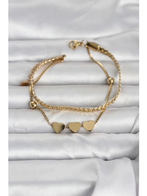 Clariss Üreticiniz 316L Çelik Gold Renk Ezme Zincir ve Kalpli Kadın Bileklik YN1348