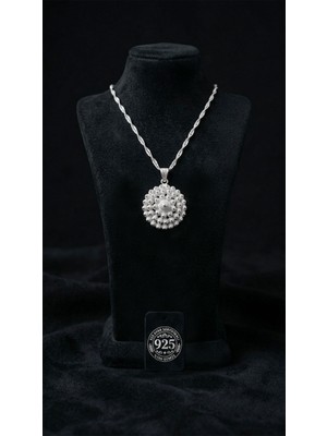 Roza Silver 925 Ayar Geleneksel Telkari Midyat Bereket Serisi Çiçek Gümüş Kolye - Büyük