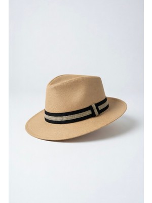 Erkek Çizgili Şerit Detaylı Yazlık Hasır Panama Şapka -Plaj ve Günlük Fötr