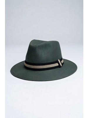 Erkek Çizgili Şerit Detaylı Yazlık Hasır Panama Şapka -Plaj ve Günlük Fötr