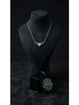 Roza Silver 925 Ayar Gümüş Rodyum Kaplama Pembe Kuvars Taşlı Kanatlı Kalp Kolye