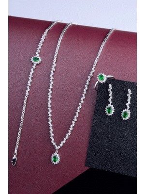 İnnuendo Jewelry 925 Ayar Gümüş Zümrüt Görünümlü Taşlı Takı Seti
