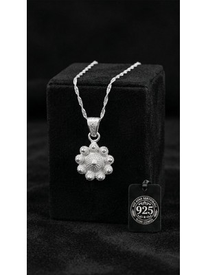 Roza Silver 925 Ayar Geleneksel Telkari Midyat Bereket Serisi Çiçek Gümüş Kolye - Küçük