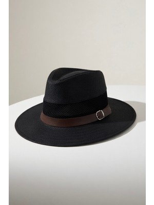 Mollycrush Erkek Tokalı Kemer ve File Detaylı Yazlık Hasır Panama Şapka - Plaj ve Günlük Siyah Fötr Ş