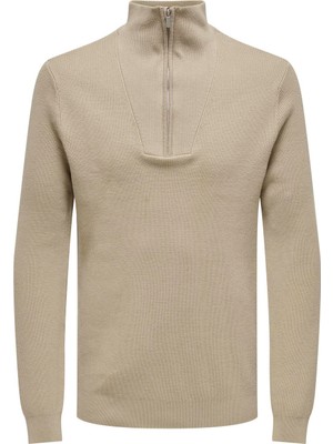 Only & Sons Onsphıll Reg 12 Rıb Half Zıp Knıt Erkek Chinchilla Kazak - 22030794