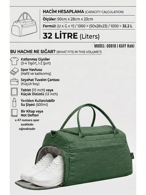 Kaff Haki Krinkıl Kumaş Ayakkabı Bölmeli 00818 Önü Cepli Su Geçirmez Omuz Askılı Spor ve Seyahat Çantası