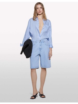 Sisley %100 Pamuk Düşük Bel Relax Fit Bermuda Denim Şort Kadın Mavi Denim Şort - 325P4W9KL901L