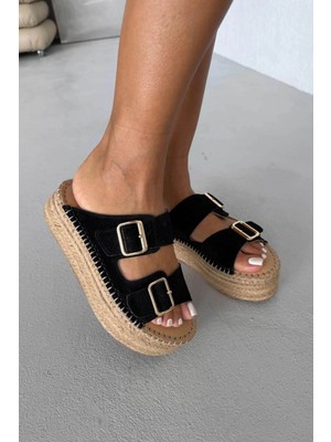 Ayakkabı Prensi Ellinor Hakiki Deri Dolgu Topuk Siyah Süet