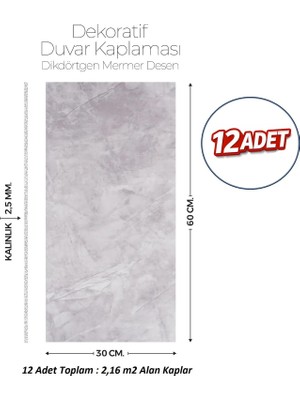 Brano 30X60 cm Kendinden Yapışkanlı Duvar,banyo,tezgah Arası Kaplama Açık Gri 12 Adet