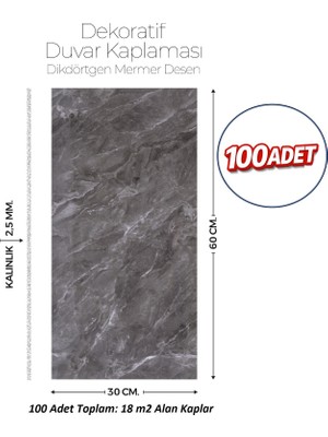 Brano 30X60 cm Kendinden Yapışkanlı Duvar,banyo,tezgah Arası Antrasit Mermer Desen-100 Adet