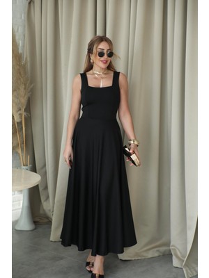 Qimya Butik Buketli Kadın Belisabit Kuşaklı Kare Yaka Kalın Askılı Uzun Elbise