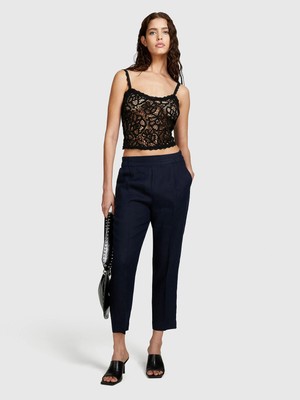 Sisley %100 Keten Beli Lastikli Önü Pileli Pantolon Kadın Lacivert Pantolon - 325P4AGHLF00S