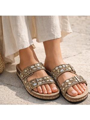 Guja 26Y106 Kadın Taşlı Iki Tokalı Mantar Taban Comfort Terlik Altın