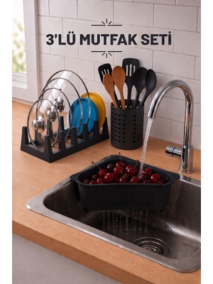 Fevito Pratik Tezgah Üstü Mutfak Düzenleyici 3'lü Set Tava Kapak Düzenleyici Kaşıklık ve Evye Süzgeci Sdk-3 Siyah