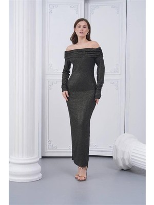 Neşeli Butik Kadın Gold Kayık Yaka Maxi Boy Işıltılı Abiye Elbise NBS9383