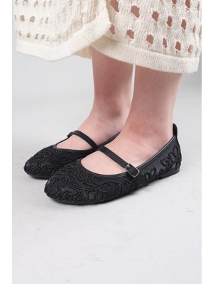 Birikon Curi Sargı Ip Desenli Saten Babet Siyah