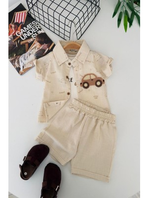 Miniğimin Cicileri Araba Panç Işlemeli Pamuklu 3 Lü Erkek Bebek Takım - Krem