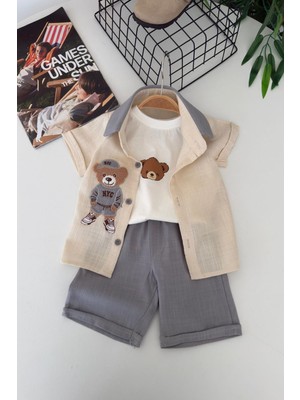 Miniğimin Cicileri Bear Panç Işleme Detaylı Erkek Bebek 3 Lü Gömlekli Yazlık Takım - Gri