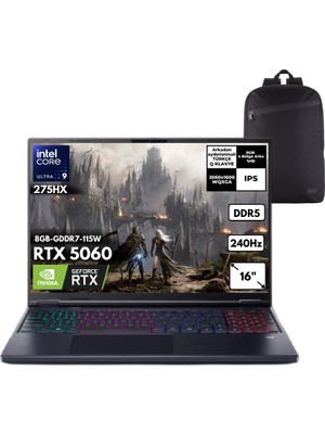 Acer Predator Helios Neo 16 Ultra 9-275HX 40-Gbddr5 2 Tbssd RTX5060 (8GB-GDDR7-115W) 16" Wqxga 240Hz Windows 11 Home + Hmf Sırt Çantası NH.QVUEY.001HMF32