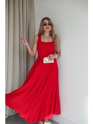 Qimya Butik Buketli Kadın Belisabit Kuşaklı Kare Yaka Kalın Askılı Uzun Elbise