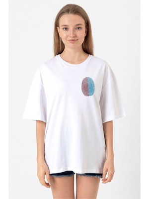 Bordo Mavi Parmak Izi Beyaz Kadın Oversize Tshirt