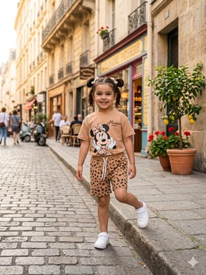 Bubiee Baby Kız Çocuk Camel Leopar Minnie Mouse Desenli Şortlu Tişört Takım Ikili Set