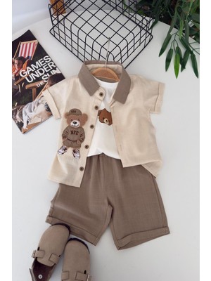 Miniğimin Cicileri Bear Panç Işleme Detaylı Erkek Bebek 3 Lü Gömlekli Yazlık Takım - Kahverengi