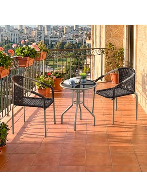 EVDEMO Bistro 2 Kişilik  Makrome Örgü Bahçe Balkon Oturma Seti Cam Masalı Cappuccino