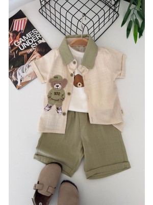 Miniğimin Cicileri Bear Panç Işleme Detaylı Erkek Bebek 3 Lü Gömlekli Yazlık Takım - Yeşil