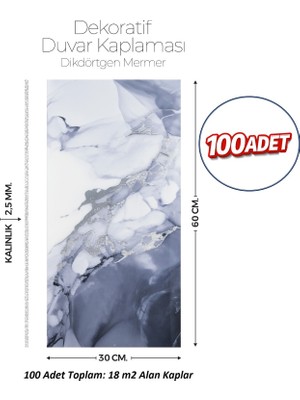Brano 30X60 cm Kendinden Yapışkanlı Duvar,banyo,tezgah Arası Mavi Gri Mermer DESEN-100 Adet