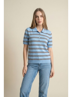 Shophia Polo Yaka Çizgili Kısa Kollu Kadın Triko Tişört