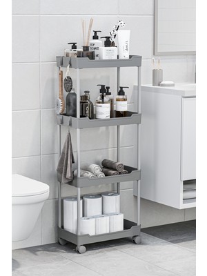 Gri 4 Katlı Tekerlekli Düzenleyici Mutfak ve Banyo Rafı Vesken