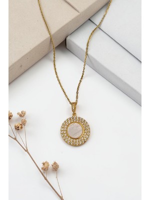 Luna Jewelry Kadın Gold Renk Opal Taşlı Mineli 316 L Çelik Kolye