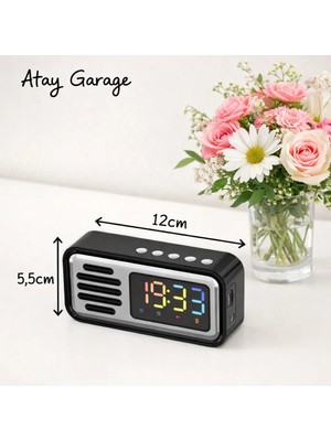 Atay Garage Retro Siyah Bluetooth Hoparlör Fm Radyo LED Dijital Masa Üstü Saat