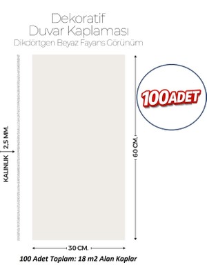 Brano 30X60 cm Kendinden Yapışkanlı Duvar,banyo,tezgah Arası Kırık Beyaz Desen-100 Adet